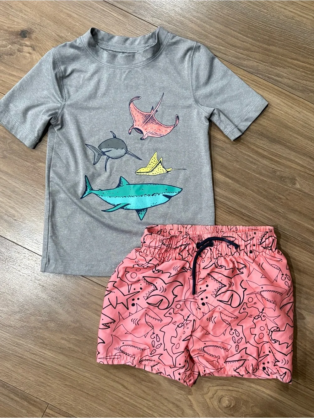 Cat & Jack Gray Rash Guard with Pink Shark-Print Swim Trunks